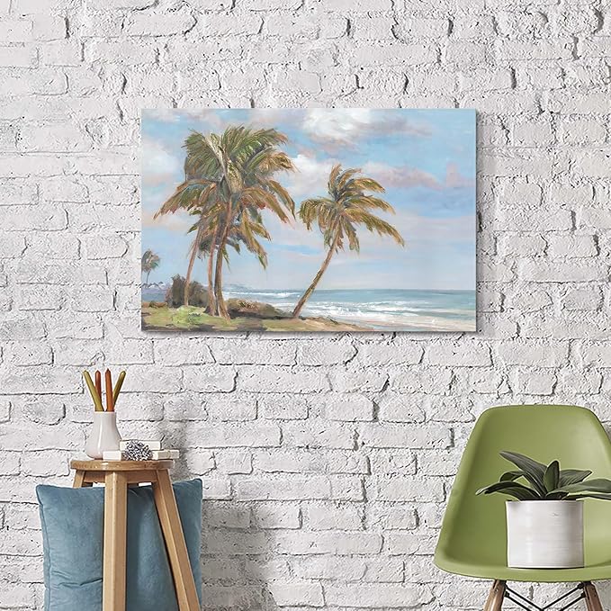cozy country Palm Tree Wall Art 36"x24" - Coastal Pictures Beach Canvas Ocean Decor - Nautical Artwork Seascape Hand Painting for Bedroom, Sea House-Ruum Studio Home