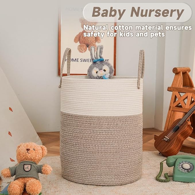 Large Woven Laundry Basket Hamper,60L Cotton Rope Storage Bin for Blankets,Toys and Clothes,Decorative Tall Nursery Hamper for Living Room,Baby Nursery,Bathroom and Bedroom,Brown-Ruum Studio Home