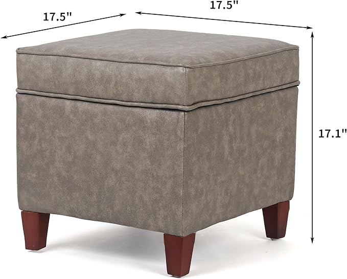 Adeco 17.5" Square Faux Leather Ottoman with Storage - Upholstered PU Foot Rest - Flip Top Footstool with Sturdy Wood Legs, Small Cube Coffee Table Extra Seat for Living Room, Bedroom, Coffee Brown-Ruum Studio Home
