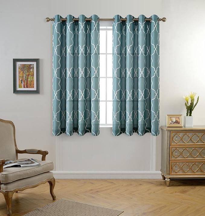 MIUCO Moroccan Embroidered Semi Sheer Curtains Faux Linen Grommet Window Panel Pair for Bedroom 52 x 63 Inch, Teal-Ruum Studio Home