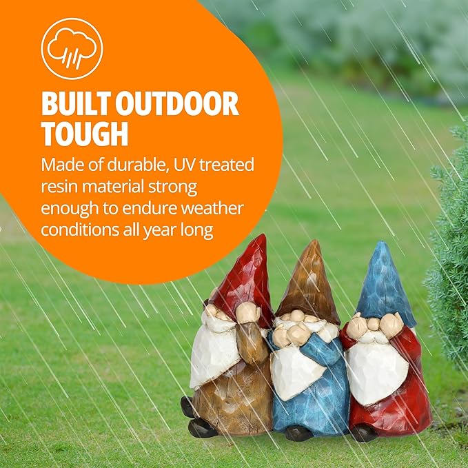 Exhart Garden Gnomes, See No, Hear No, Speak No Evil Garden Gnome Statue, Hand Painted Outdoor Garden Decorations, 12 x 9 Inch-Ruum Studio Home