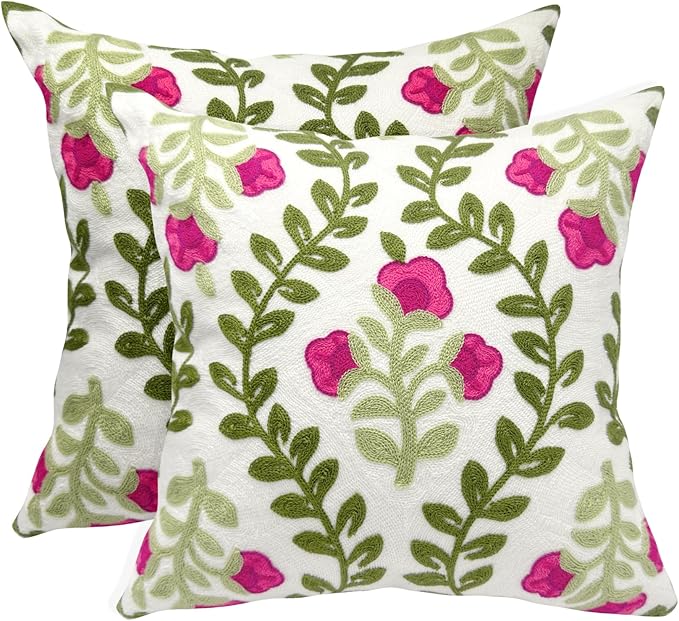 Alysheer Floral Embroidered Summer Decorative Throw Pillow Covers 20"x 20" Set of 2, Farmhouse Cottage Hot Pink Flowers Green Leaves Knit Pattern Cotton Canvas Cushion Case for Couch Bed Living Room-Ruum Studio Home