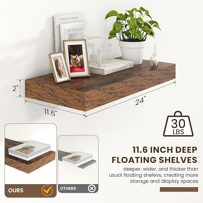 Deep Floating Shelves for Wall | 24 Inch Wide x 12 Inch Deep Floating Shelves | 24W x 12D Rustic Wood Wide Wall Shelves | Bookshelf Laundry Shelf TV Shelf-Ruum Studio Home