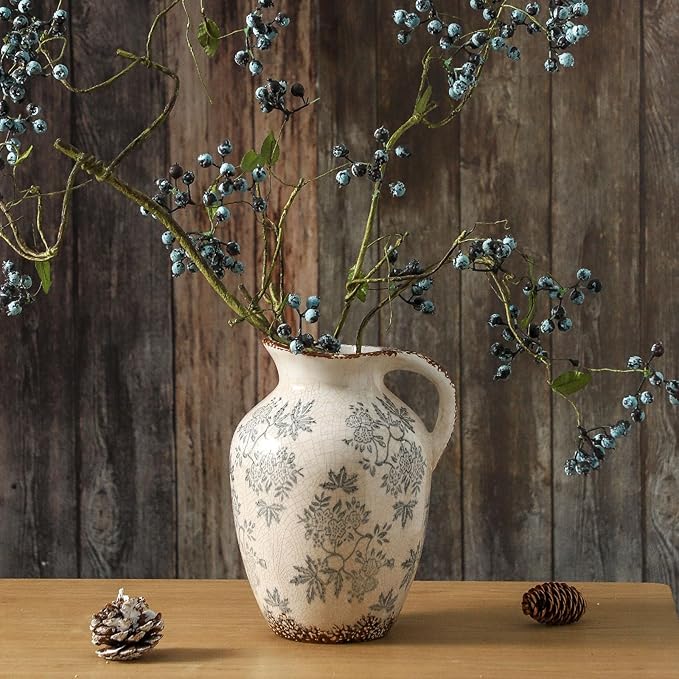 Enra Vintage vase with Handle,Blue and White Ceramic Decorative Flower vase, Chinoiserie Floral Vase,Large Rustic Vases for Home Decors, Living Room, Bookshelf, Office，9.7 inch-Ruum Studio Home
