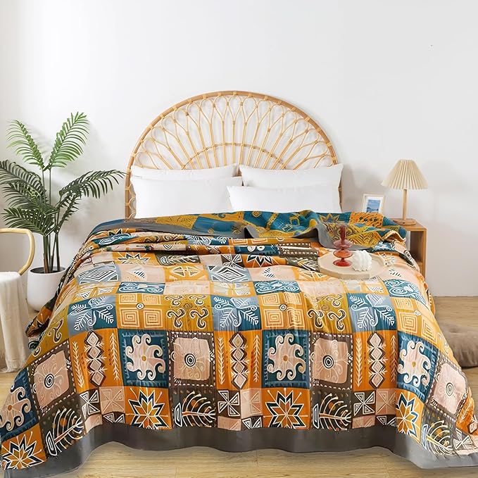 Boho Throw Blanket for Bed - 100% Pure Cotton Ultra Soft Rustic Quilt - Farmhouse Decor Bed Blankets, All Season Rustic Throw for Sofa Couch Chair(91''x 98'', Art Squares)-Ruum Studio Home