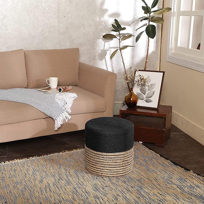 REDEARTH · Cylindrical Pouf Ottoman - Braided Pouffe Accent Sitting Round Footrest for Living Room, Bedroom, Nursery, kidsroom, Patio ; 70% Cotton 30% Jute, Set of 2 (14.5x14.5x16; Black Natural)-Ruum Studio Home