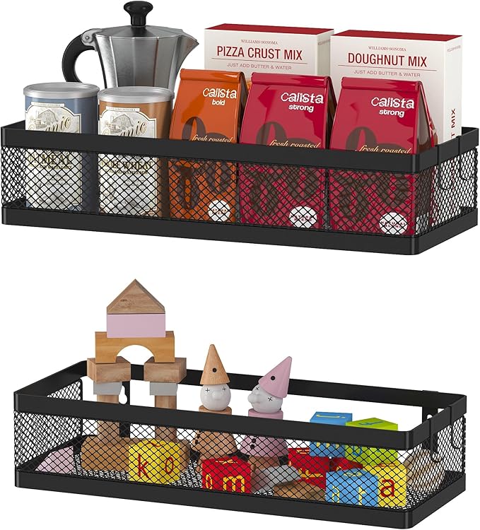 PUSDON Hanging Storage Baskets Organizer Wall Mount, Metal Wire Storage Bin Rack for Kitchen Bathroom Shower Spice Shelf Home Decor Essentials Black-2 Packs (Netting)-Ruum Studio Home