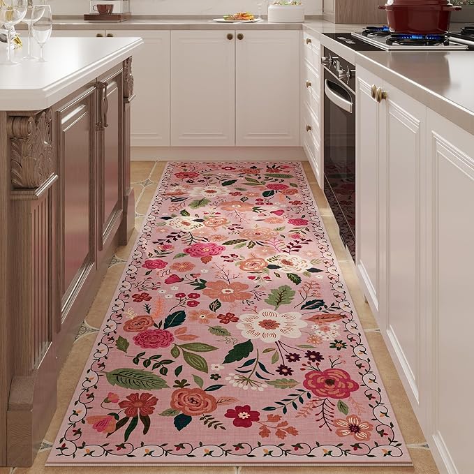 Runner Rug for Hallways Kitchen Rug Non Slip 2'6''x8' Washable Runner Rugs with Rubber Backing Soft Floral Carpet Runner for Hallways, Kitchen, Laundry, Bedroom, Bathroom(Pink)-Ruum Studio Home