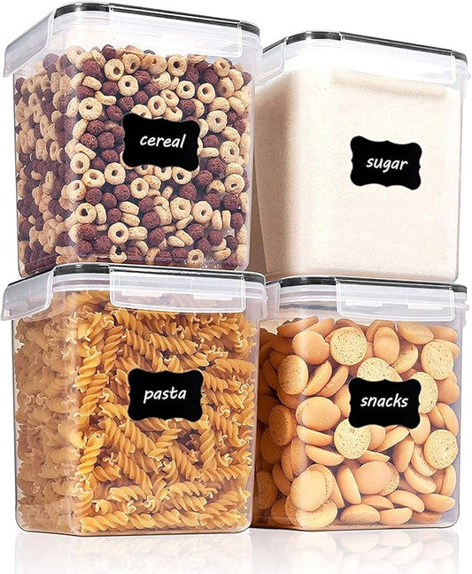 Vtopmart Food Storage Containers 2.5L / 84.5oz, 4 Pieces BPA Free Plastic Airtight Canister for Flour, Sugar, Baking Supplies, with 4 Measuring Cups and 24 Labels, Black-Ruum Studio Home