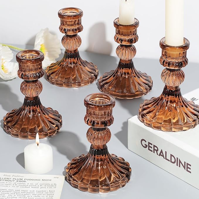 12PCS Amber Candlestick Holders Set- 4" H Taper Candle Holders, Glass Candle Holders Bulk for Wedding, Party, Fall Home Table Centerpieces, Festival Gifts & Windowsill Decor-Ruum Studio Home