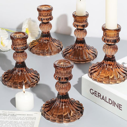 12PCS Amber Candlestick Holders Set- 4" H Taper Candle Holders, Glass Candle Holders Bulk for Wedding, Party, Fall Home Table Centerpieces, Festival Gifts & Windowsill Decor-Ruum Studio Home