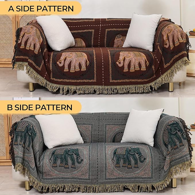 Boho Throw Blanket for Bed with Tassels,100% Cotton Ultra Soft and Cozy Large Blanket Elephant Printed Farmhouse Decor Bed Blankets,60"×80" All Season Rustic Throw for Sofa Couch Chair-Brown-Ruum Studio Home