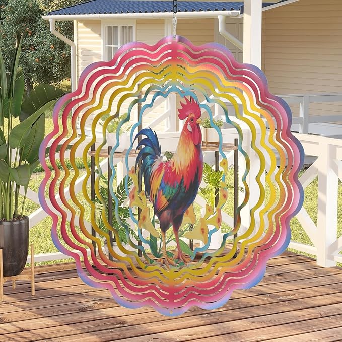 Wind Spinners Outdoor Chicken Decorations - Birthday Gifts for Women Mom Grandma, Rooster Deocr Hanging Wind Spinner 12 inch 3D Wind Sculptures for Garden Decor for Outside, Patio, Yard, Outdoor-Ruum Studio Home
