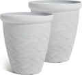 Worth Garden 2-Pack 16" Large Round Planter - Weave Pattern Lightweight Plastic Plant Pot 16" x 17.5" for Indoor Outdoor Use - Decorative Containers for Front Porch Home Yard Deck Patio - White-Ruum Studio Home