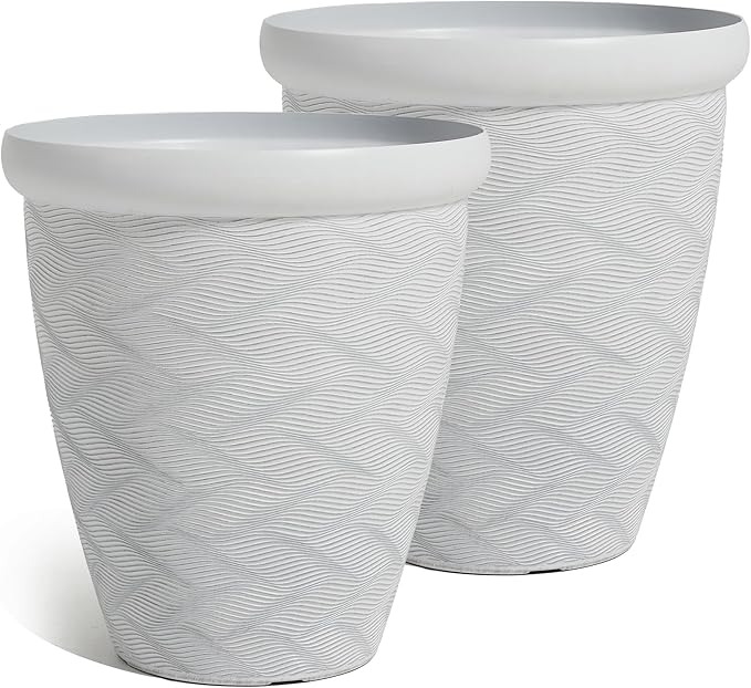 Worth Garden 2-Pack 16" Large Round Planter - Weave Pattern Lightweight Plastic Plant Pot 16" x 17.5" for Indoor Outdoor Use - Decorative Containers for Front Porch Home Yard Deck Patio - White-Ruum Studio Home