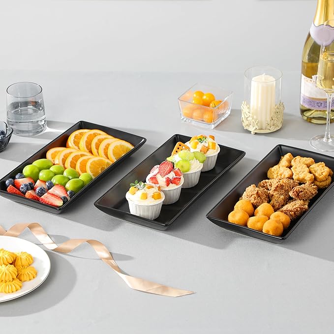 MALACASA 3 Tier Serving Trays for Party, 12 Inch Porcelain Black Trays for Serving Food, Dessert Stand with Collapsible Gold Metal Rack-Ruum Studio Home