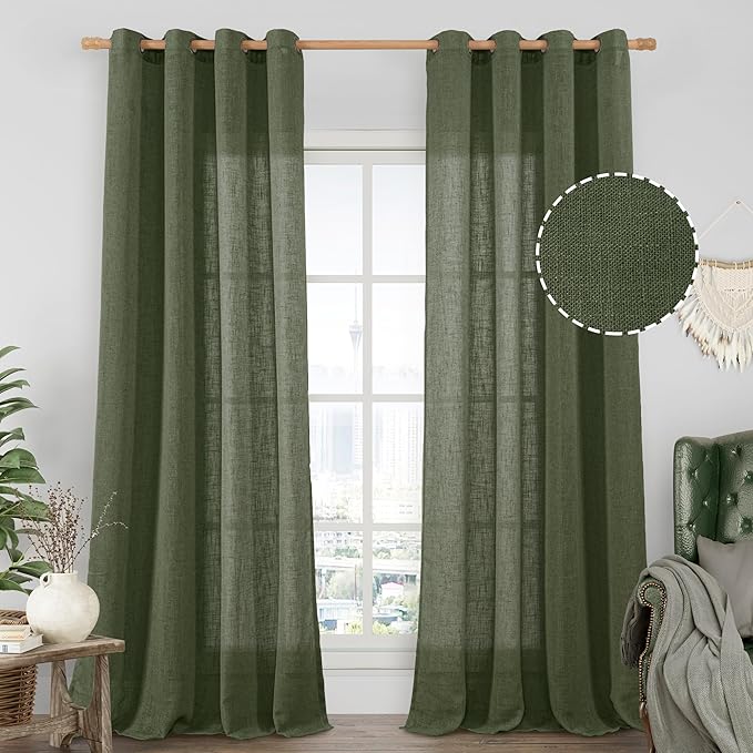 LAMIT Olive Green Sheer Linen Curtains 84 Inches Long for Living Room, Light Filtering Christmas Window Treatments Semi Sheer Neutral Drapes with Bronze Grommet for Bedroom, 52 x 84 Inch, 2 Panels Set-Ruum Studio Home