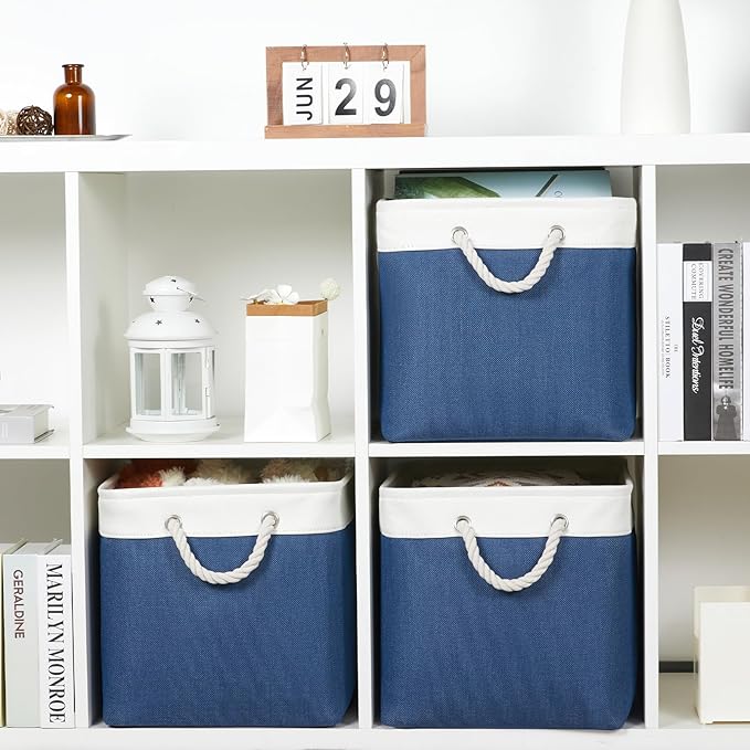 Bidtakay Large Storage Baskets for Shelves 3 Pack Fabric Storage Bins for Organizing Navy Blue Decorative Baskets Linen Collapsible Organizer for Closet-Ruum Studio Home