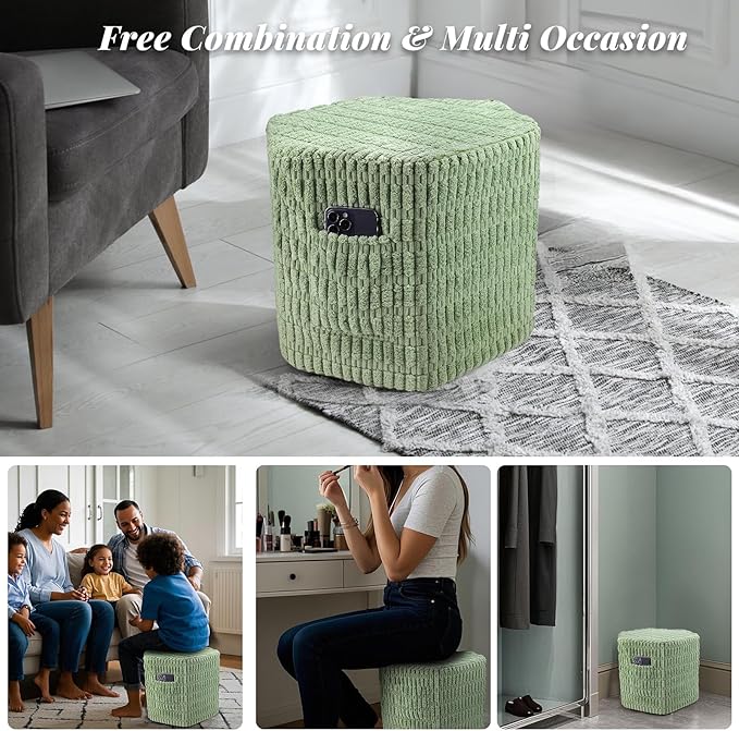 Hexagon Pouf Ottoman Stuffed with 2 Pockets & Handle, Comfort Corduroy Poufs, Non-Slip Foot Stool Storage Ottoman, Foam Floor Poufs Foot Rest for Couch, Bedroom (Green)-Ruum Studio Home