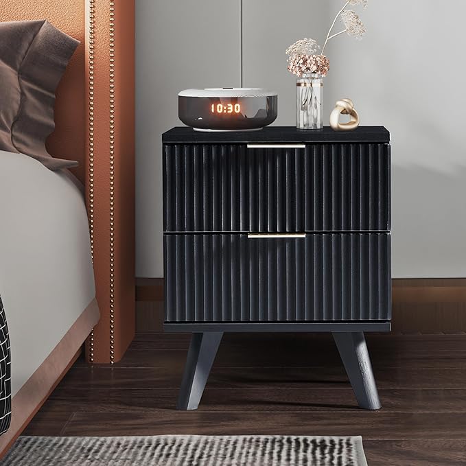 Fluted Nightstand Set of 2, Mid Century Modern 2 Drawer Dresser for Bedroom, Small Dresser Night Stand Side Table End Table with Wood Fluted Drawer Storage for Bedroom Closet(Black)-Ruum Studio Home