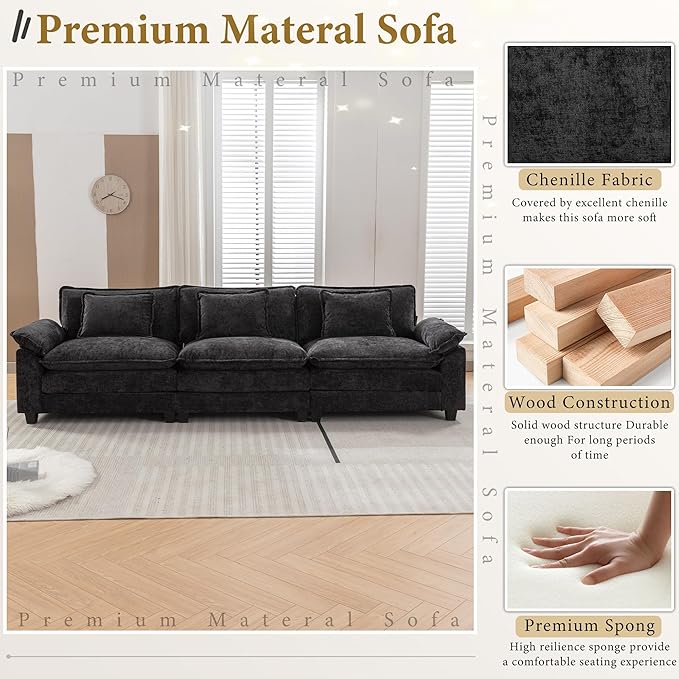 URRED Modular Sectional Sofa Comfy Cloud Couch, Modern Chenille Sofa Sleeper Deep Seat Couches with Ottoman/Pillows for Living Room (Black, 117'')-Ruum Studio Home