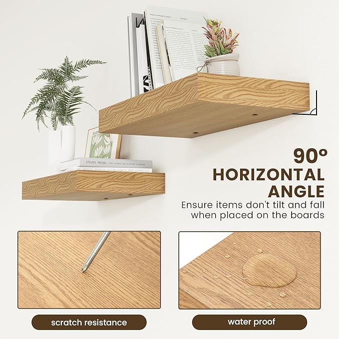 Deep Floating Shelves, 12 Inch Deep Rustic Floating Shelves Set of 2, 24 Inch Large Oak Wood Wall Mounted Shelves for Books Living Room Laundry Room Bedroom Kitchen Home Office - Oak-Ruum Studio Home