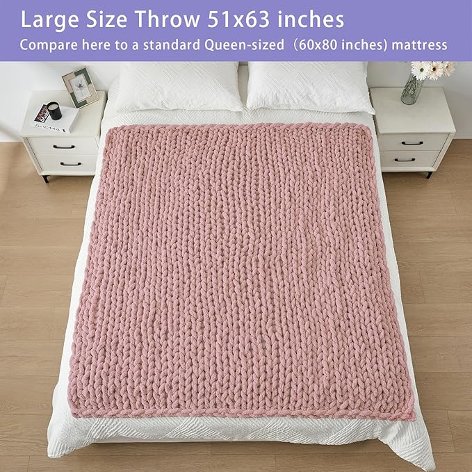 Bigacogo Chunky Knit Throw Blanket for Couch, 51x63 inches, 100% Hand Knitted with Thick Jumbo Chenille Yarn, Cozy Soft Large Rope Knot Cable Crochet Blankets for Sofa Bed Living Room, Dusty Pink-Ruum Studio Home