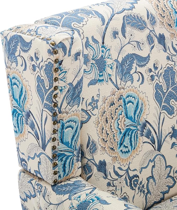 UIXE High Back Floral Accent Chair, Fabric Upholstered Armchair for Living Room, Retro Printed Wingback Arm Chair Nailhead Trim Single Sofa Bedroom Reading Seat - Boho Blue-Ruum Studio Home