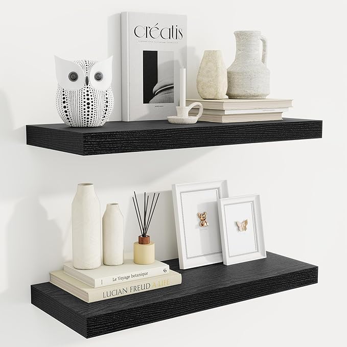 Fun Memories 24 Inch Floating Shelves for Wall, 9 Inch Deep Black Rustic Wood Wall Mounted Shelves for Bathroom, Kitchen, Living Room, Set of 2-Ruum Studio Home