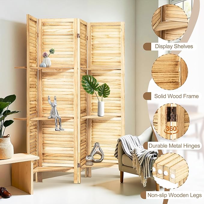 Osparple Room Divider with Shelves 4 Panel Wooden Folding Room Dividers Privacy Screen Wall Divider for Room Separation for Office and Apartment, Natural-Ruum Studio Home