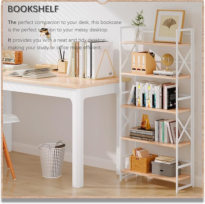 4NM 5 Tiers No Assembly Book Shelves, 51.2" H Folding Bookshelf Bookcase Open Industrial Foldable Shelves for Bedroom, Living Room, Home Office - Natural White-Ruum Studio Home