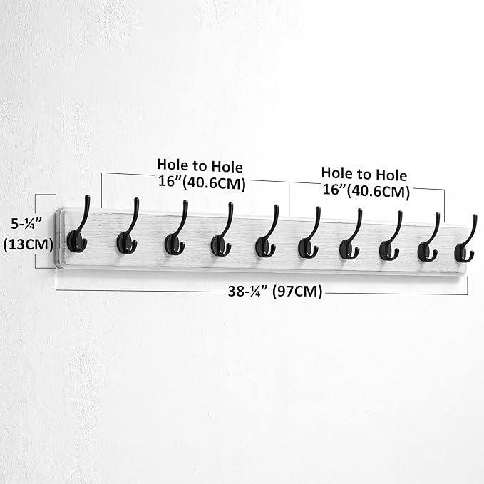 Dseap Coat Rack Wall Mount: 38-1/4" Long, Patented, Heavy-Duty, 10-Double-Hooks Wooden Hanger Rail for Winter Coats Hat Jacket Clothing, White & Black-Ruum Studio Home