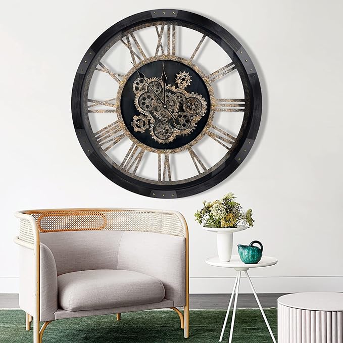 DORBOKER 30" Large Wall Clock Moving Gears,Oversized Industrial Rustic Farmhouse Clocks for Living Room Decor Office Home, Solid Wood Retro Metal HD Tempered Glass Cover,Black and Vintage Bronze-Ruum Studio Home