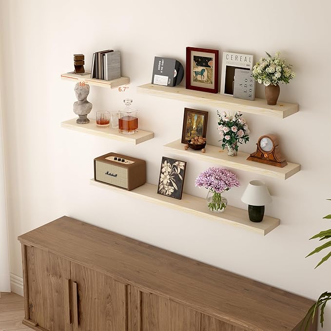 BGMG Wood Floating Shelves for Wall 18 inch, Rustic Wooden Wall Mount Shelves for Bathroom Living Room Bedroom Kitchen Farmhouse Set of 2-18x 6.7 x1.25 inch- DIY-Unfinished-Ruum Studio Home