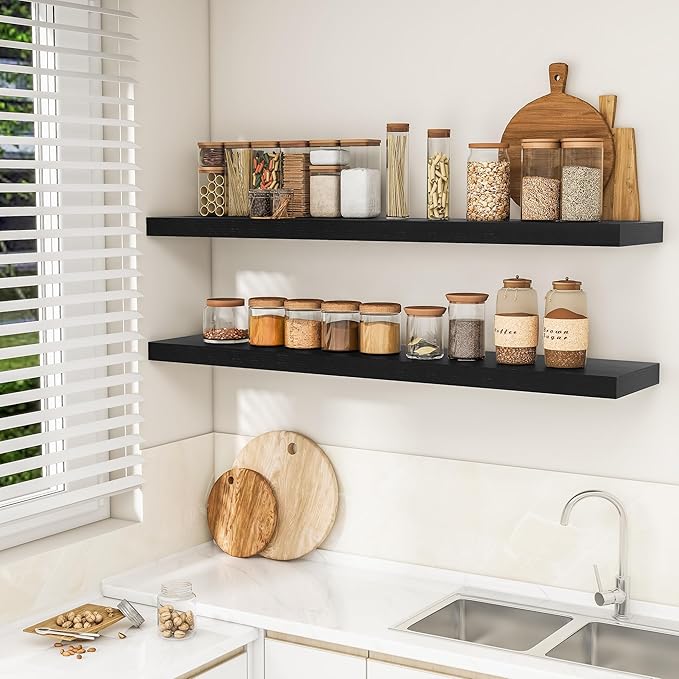 RICHFOCUS 55Inch Floating Shelves for Wall 2 Pack Shelves for Bedroom|Kitchen|Bathroom Wall Mounted Rustic Wood Floating Shelf with Invisible Brackets for Books|Storage|Decor, Black-Ruum Studio Home