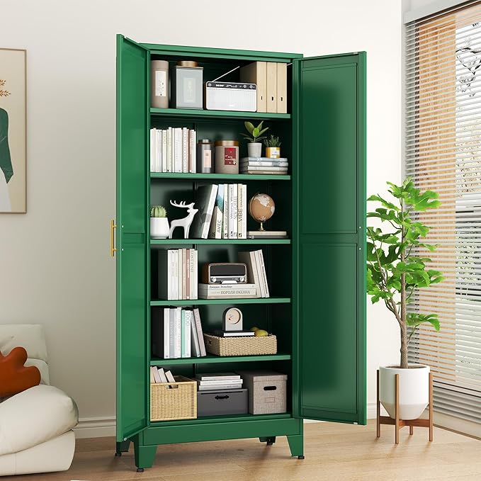 Green Metal Storage Cabinet,75" Steel Cabinets for Home Office, Kitchen Pantry Storage Cabinet with Doors and 5 Adjustable Shelves, Tool Cabinets, for Office, Home, Garage, School-Ruum Studio Home