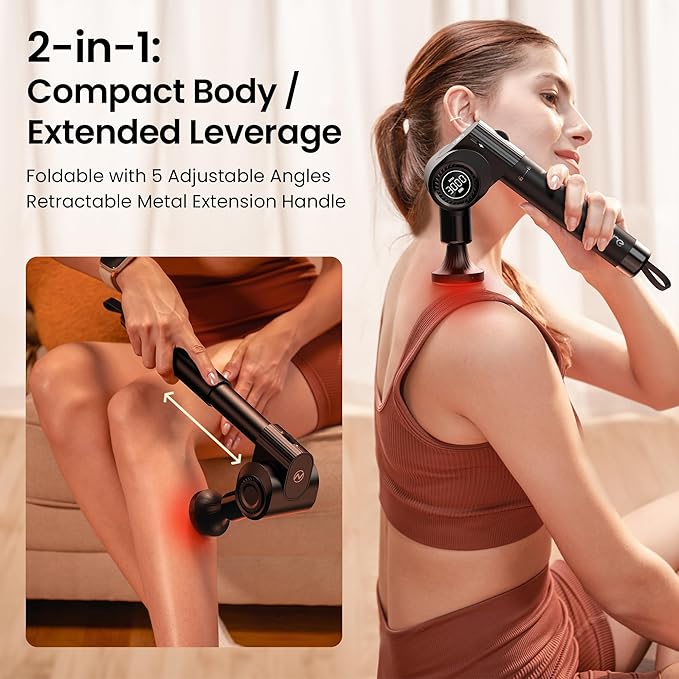 Massage Gun with Heat and Red Light Therapy,Deep Tissue Percussion Back Massager for Muscle/Neck/Body Pain Relief with Long Extension Retractable Handle,32-Speeds,Foldable,5 Adjustable-Ruum Studio Home