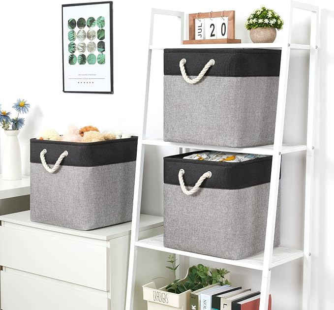 Bidtakay Fabric Cube Storage Bins for Organizing 13x13 Large Storage Baskets Decorative Storage Bins for Home Storage Set of 3 Shelf Organizer Bins for Toy Storage (Black&grey)-Ruum Studio Home