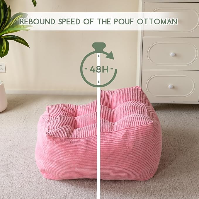 HIGOGOGO Square Stuffed Pouf Ottoman, Corduroy Poufs with Foam Chunk Filling, Furry and Fluffy Pouf Foot Stool Storage Ottoman, 25.6 X 25.6 Floor Poufs Foot Rest for Living Room, Pink-Ruum Studio Home