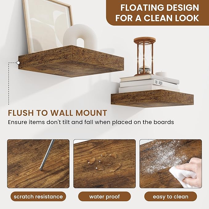 fuqing Floating Shelves for Wall, Bathroom Shelf Wall Mounted for Storage, Shelves with Invisible Bracket for Bedroom, Kitchen, Living Room, Farmhouse Small Book Shelf, 6.5 Inch Set of 3, Rustic Brown-Ruum Studio Home