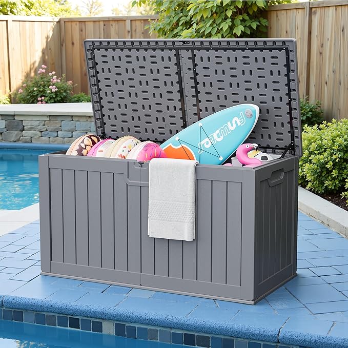 JUMMICO 250 Gallon Outdoor Resin Deck Box with Divider, Waterproof Storage Box with Lockable Lid&Side Handles for Garden Tools, Pools Supplies (Gray)-Ruum Studio Home