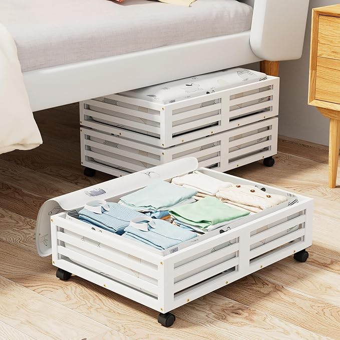 Under Bed Storage with Wheels-Large Bamboo Underbed storage Containers with Large Dust Bag Stackable Under the Bed Shoe Storage Bins for Clothes Books Bedding (2 Packs White, 23.62"L×16.54"W× 6.51"H)-Ruum Studio Home