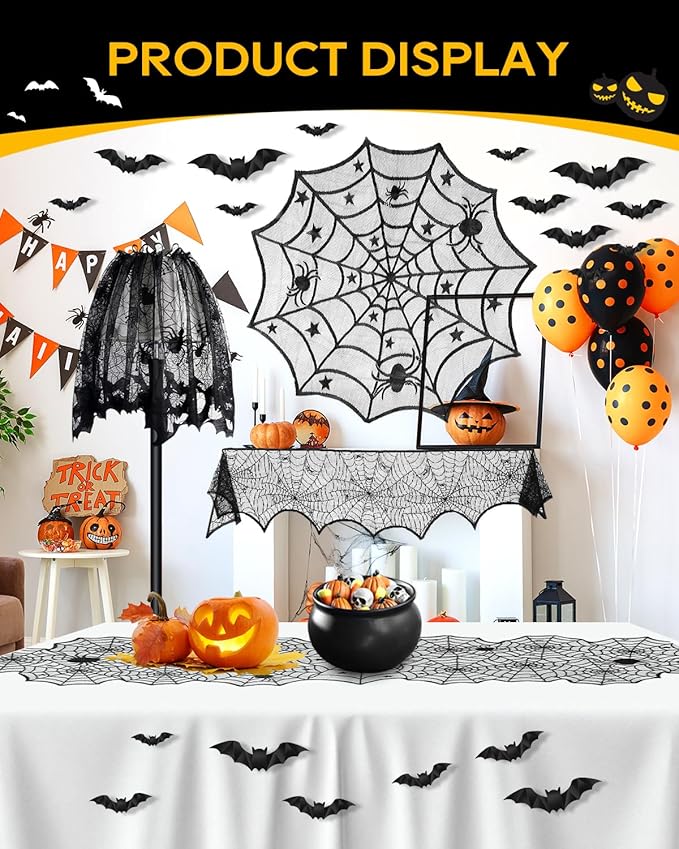 eZAKKA 5 Pack Halloween Decorations Indoor Halloween Spider Web Tablecloth Table Runners Fireplace Mantel Scarf Cobweb Lampshade Scary 3D Bats for Parties Gothic Spooky Home Decoration-Ruum Studio Home