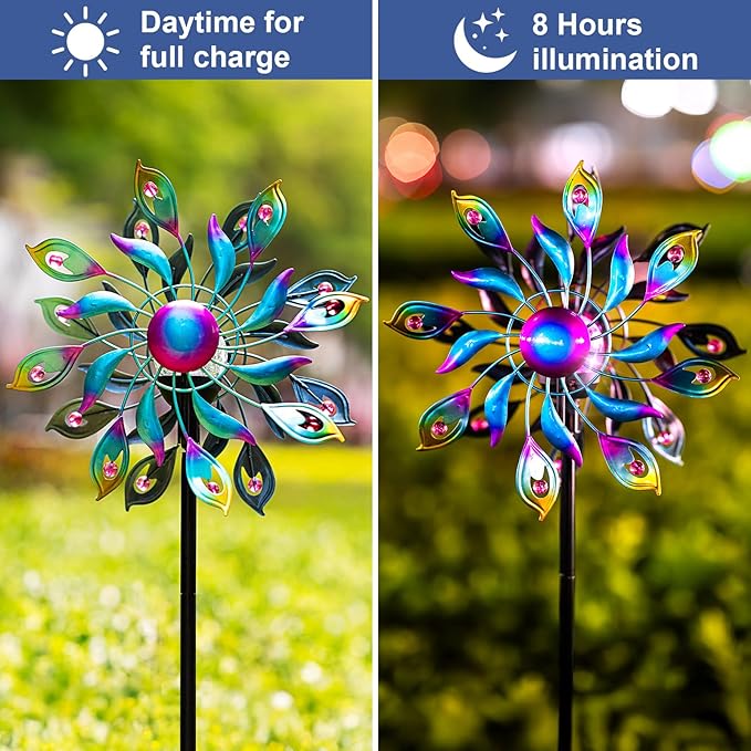 360°Peacock Solar Wind Spinner with Lights Blue Metal Garden Outdoor Decor Yard Lawn Art Decor for Patio Kinetic Windmills Unique Gifts for Friends and Family 51.9' H x 12.2'' Dia-Ruum Studio Home