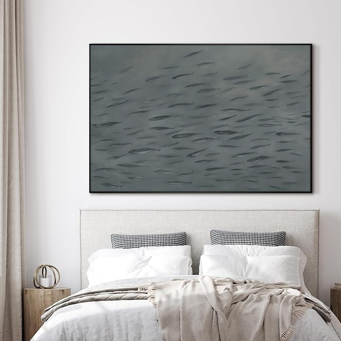 SIGNWIN 46"x72" Extra Large Framed Wall Art Gray School of Fish Minimalist Ocean-Inspired Marine Life Illustration for Home Living Room Bedroom Decor (Frame Assembly Required)-Ruum Studio Home