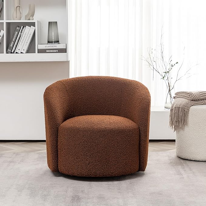 KINWELL 34" W Mid Century Modern Swivel Barrel Chair, Round Upholstered Boucle Swivel Accent Chairs, No Assembly Sofa Chair for Living Room Bedroom Reading Apartment Lounge Nursery-Ruum Studio Home