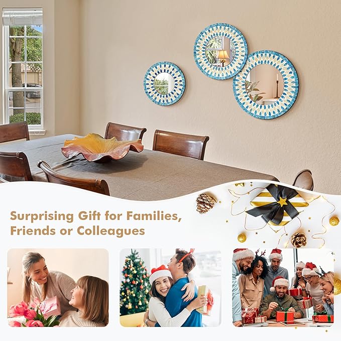 TEIPAI Handmade Mother of Pearl Mirror for Wall Decor, 3PCS Round Decorative Mirrors for Beach Nautical Home Hotel Coffee Shop, Natural Plate Art Hanging Sculpture for Dorm Apartment Entryway (Blue)-Ruum Studio Home