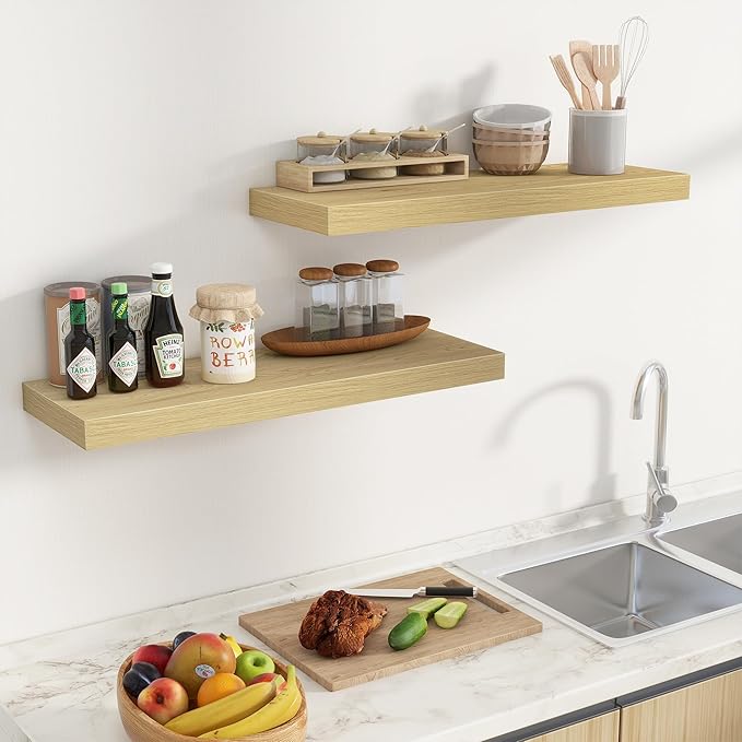 Fun Memories 32 x 10 Floating Shelves Wall-Mounted - Rustic Wood Shelf - 10 Inch Deep Floating Shelves for Wall - Large Storage Shelf for Bathroom - Kitchen & Bedroom - Oak - Set of 2-Ruum Studio Home