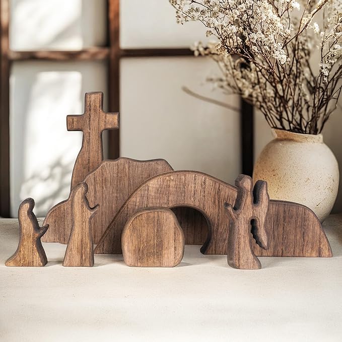 NEROSUN Empty Tomb Easter Scene and Cross Decoration, Wooden Easter Resurrection Scene Cross Jesus Tomb Tray Set, Jesus Nativity Scene Decor for Religious Home Office Tabletop Christian Gifts-Ruum Studio Home