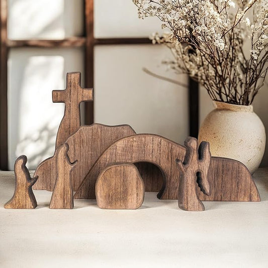 NEROSUN Empty Tomb Easter Scene and Cross Decoration, Wooden Easter Resurrection Scene Cross Jesus Tomb Tray Set, Jesus Nativity Scene Decor for Religious Home Office Tabletop Christian Gifts-Ruum Studio Home